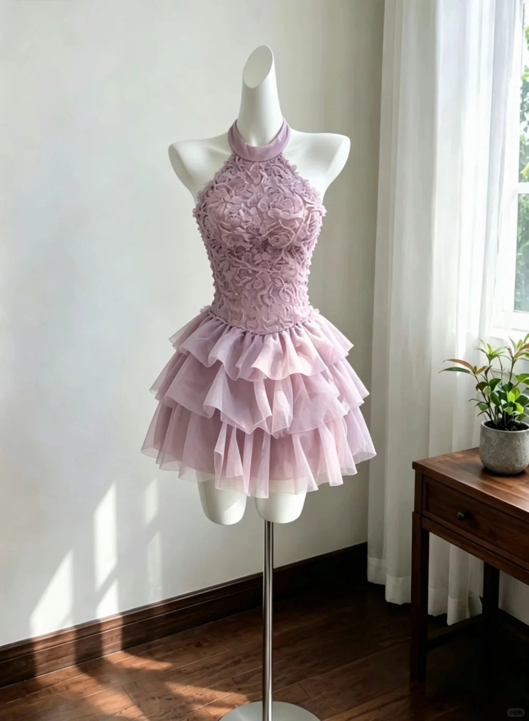 Cute A Line High Neck Lilac Tulle With Flowers Mini Short Cocktail Gown Homecoming Dresses Ideas Hoco Outfit RB4922