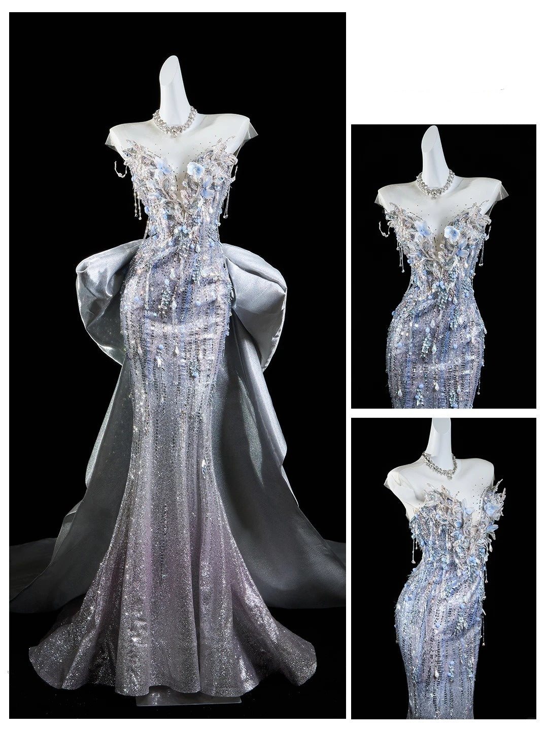 Klassisches Meerjungfrauen-Brautkleid mit Herzausschnitt, silber-grau, Pailletten und Strasssteinen, Brautkleid N299
