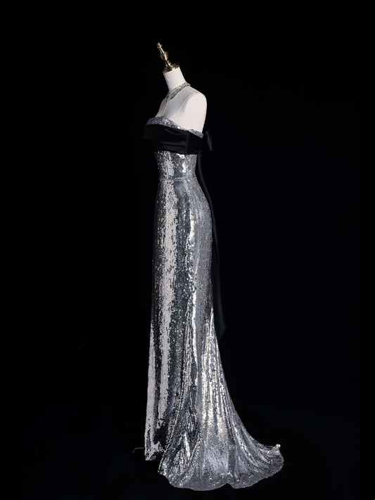 Funkelndes, trägerloses, graues Pailletten-Abendkleid im Meerjungfrauenstil, ärmellos, lang, für Damen und Mädchen, N666