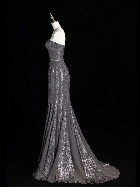Sparkly Mermaid Strapless Silver Grey Sequins Senior Prom Dresses High School Long Formal Dress N1282