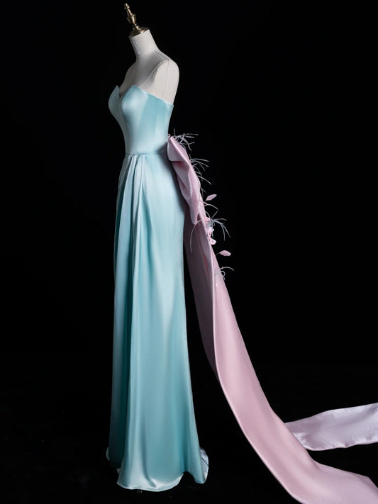 Stunning A line Sweetheart Blue Satin With Bow-knot Prom Dresses Inspiration Evening Dress Princess Graduation Gown N1080