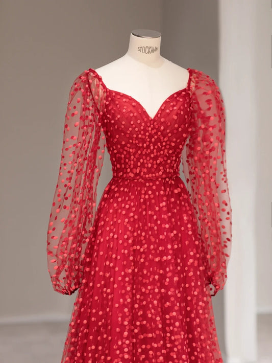 Sweet A line Sweetheart Red Polka Dots Tulle Sleeveless Long Prom Dresses Formal Outfits RB3986