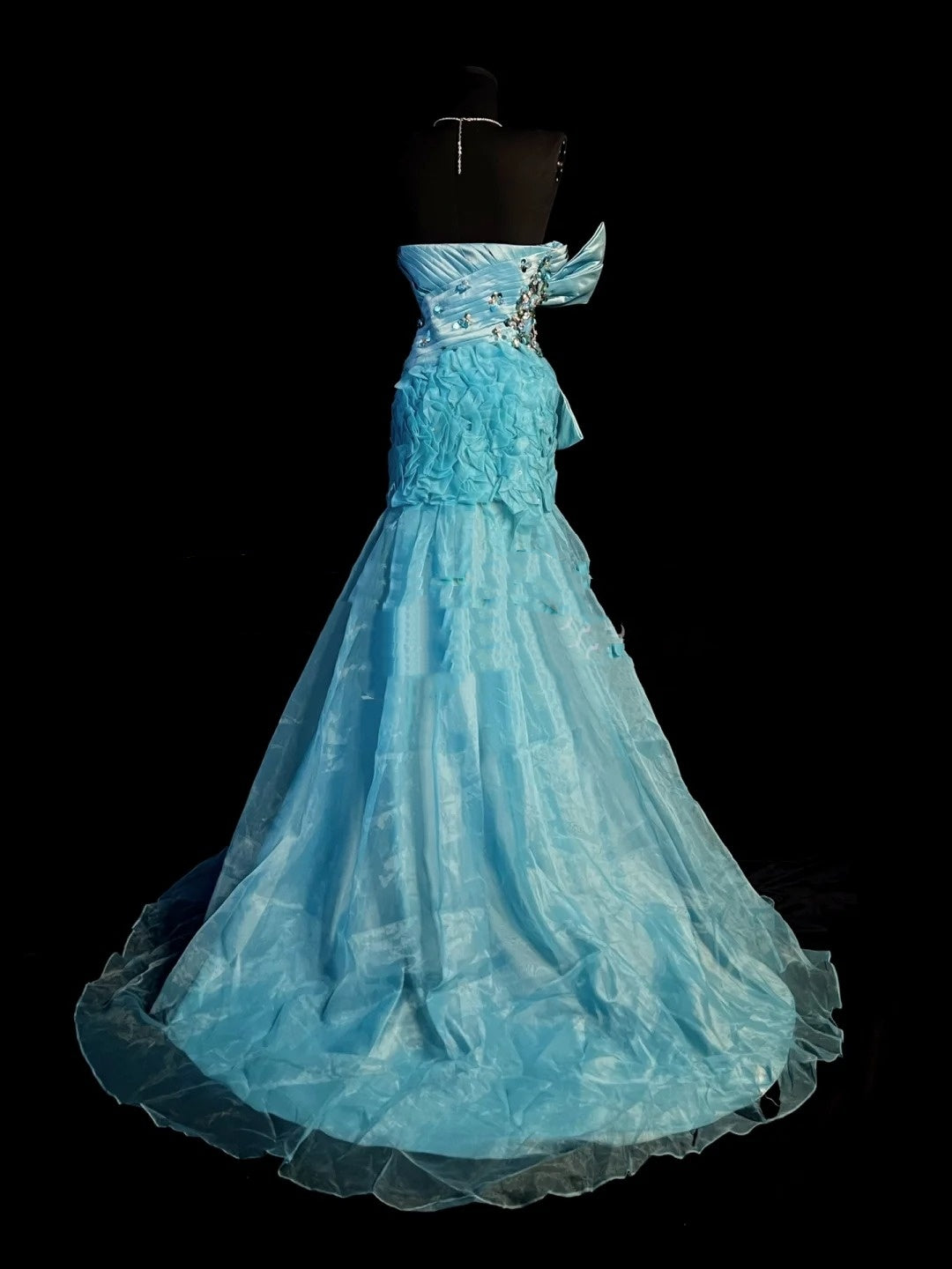 Vintage Meerjungfrauen-Abendkleid aus blauem Organza mit Herzausschnitt, langes Ballkleid, Partykleid zum 18. Geburtstag, Abschlusskleid N911