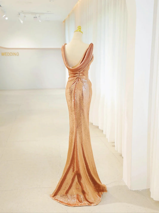 Belles robes de bal sirène dorées à sequins avec longue robe de soirée plissée N2935