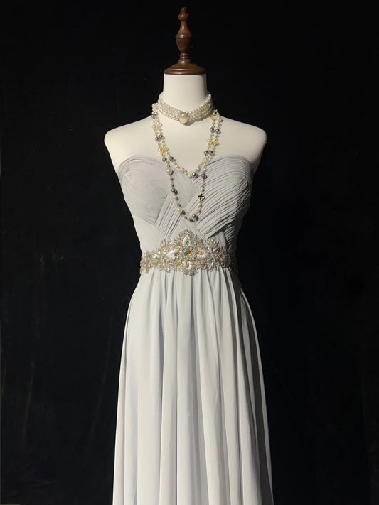 Vintage Prom Dresses A line Strapless Gray Chiffon With Beaded Bodice Sleeveless 1990s Long Formal Evening Gown N2636