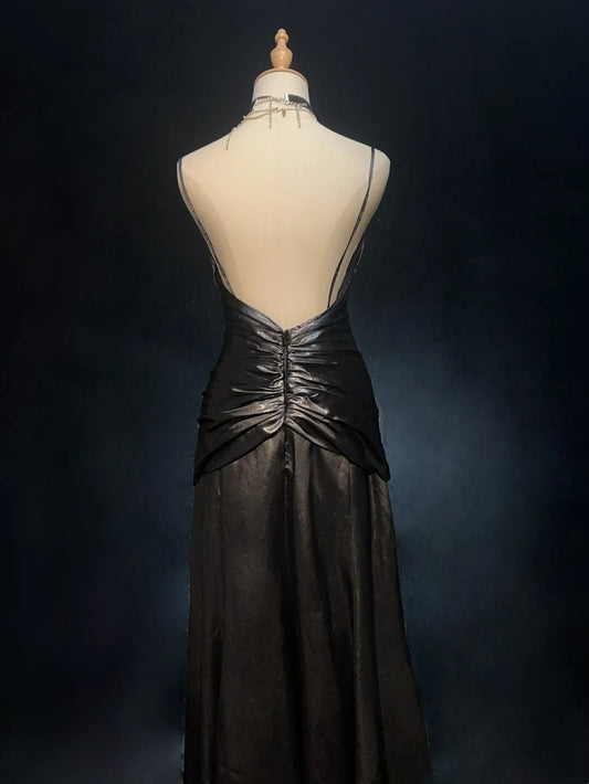 Vintage Prom Dresses Mermaid Halter Drop Waist With Beading 1970s Long Formal Gown N2618