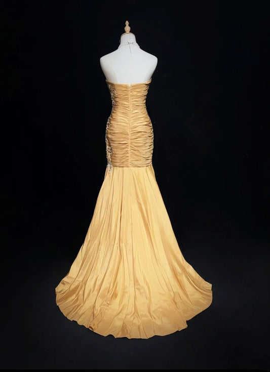 Vintage Prom Dresses Mermaid Spaghetti Strap Gold Satin With Beads Appliques Floor Length 80s Formal Gown N2584