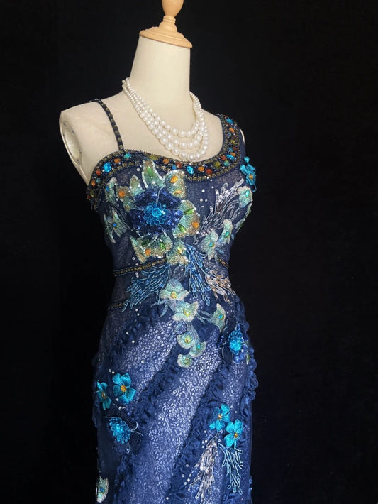 Vintage Prom Dresses Mermaid Straps Light Blue Lace With Flowers Long Evening Outfits N3440