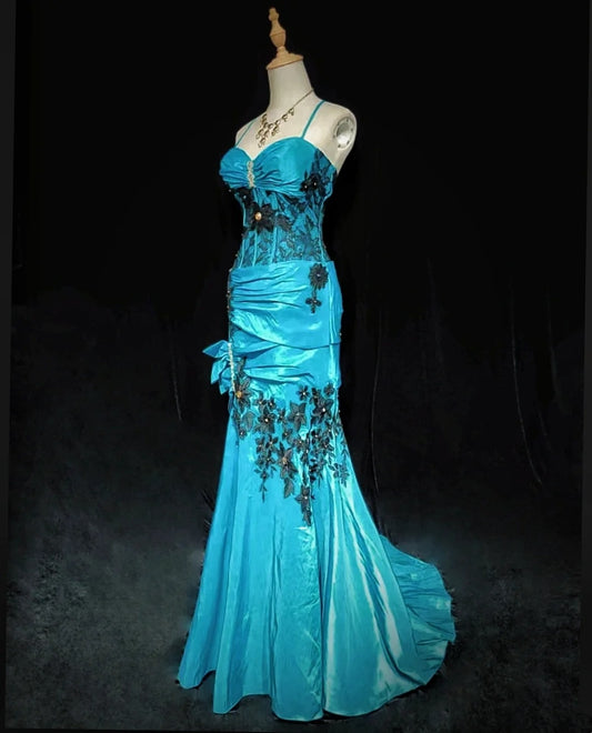 Vintage Prom Dresses Inspo Mermaid Halter Blue Black Lace 80s With Ruffled Appliqued Formal Gowns N3362