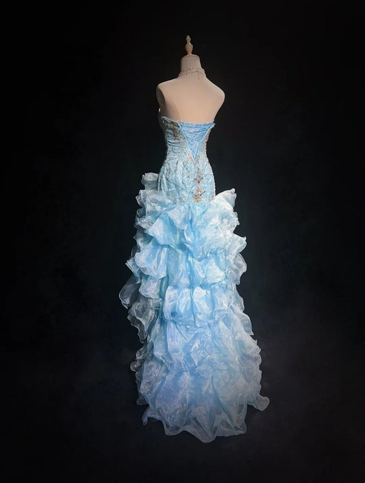 Vintage Prom Dresses High Low Sweetheart Blue Sleeveless 80s Long Formal Gown N2862