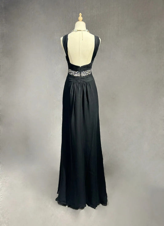 Modest Prom Dresses A Line Halter Black Chiffon Backless Floor Length Formal Evening Outfits N3484