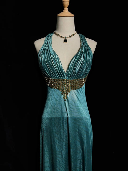 Belles robes de bal trapèze licou bleu dos nu en satin avec corsage à volants longues tenues de soirée N3373