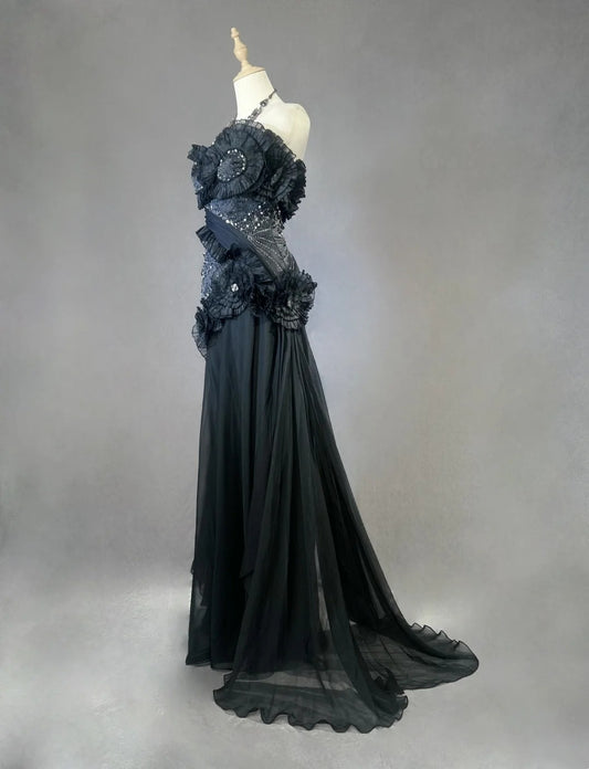 Vintage Prom Dresses Mermaid Sweetheart Black Tie Dress Chiffon With Beading 1980s Long Formal Gown N2621