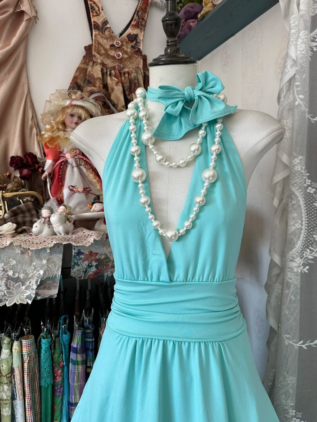 Vintage High-Low Neckholder-Kleid aus blauem Chiffon, kurzes Geburtstagskleid, Homecoming-Kleid N1341