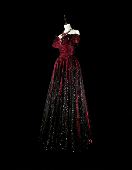 Dreamy Prom Dresses Vintage 90s Retro Off The Shoulder A line Burgundy Black Long Formal Outfits N2374
