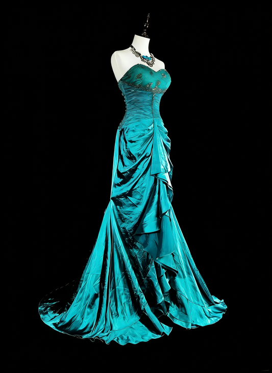 Vintage Prom Dresses Aesthetic 1960s Retro Mermaid Green Satin Long Formal Dress N2149