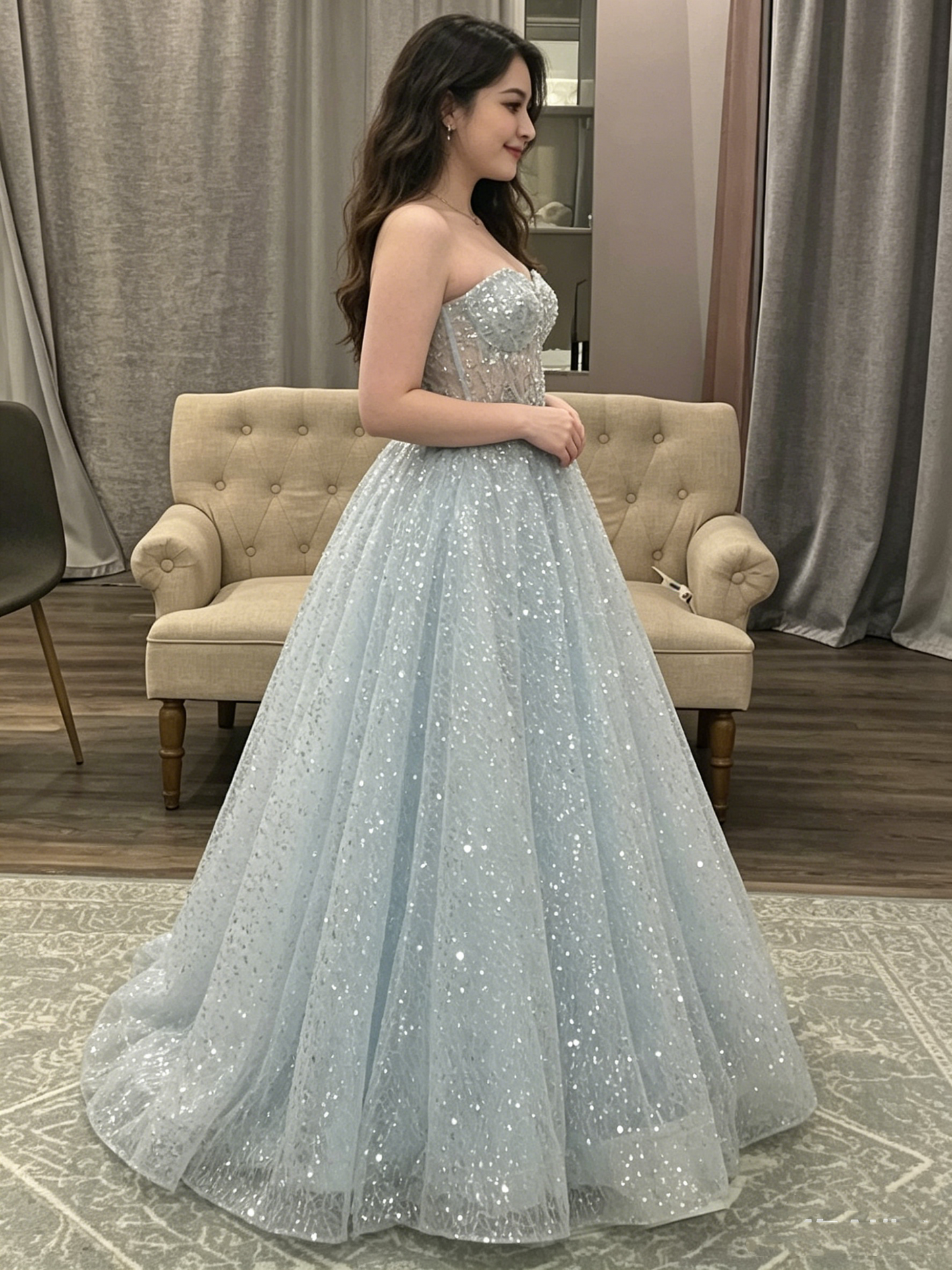 Glitzerndes Ballkleid mit Herzausschnitt und Pailletten, hellhimmelblau, Ballkleider, Inspiration, Ballkleid, Prinzessin, Abschlusskleid B301