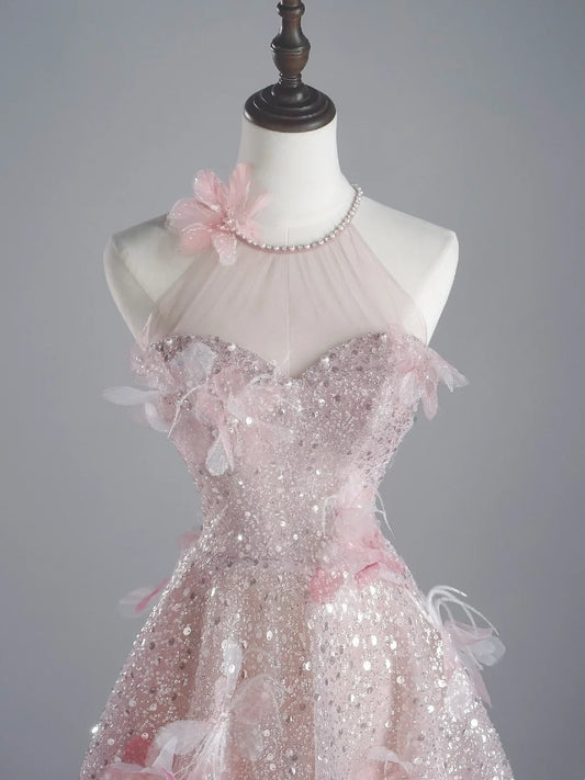 Robe de bal rose à sequins, coupe trapèze, col rond, inspiration princesse, modèle N758