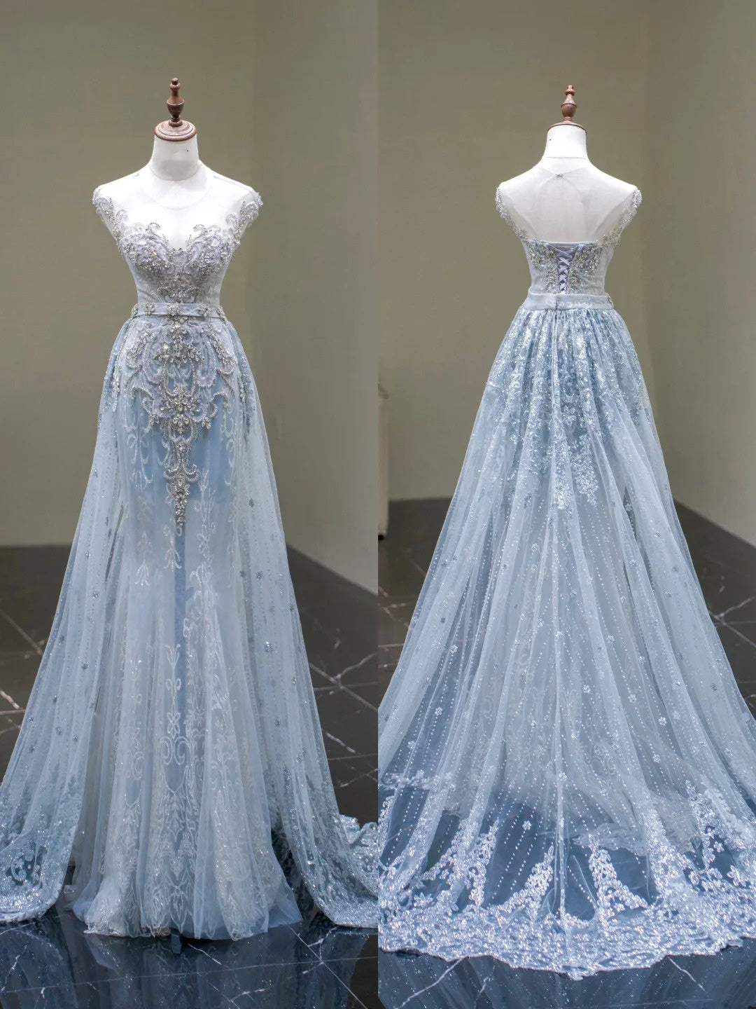 Robe de bal longue sirène bleu clair à sequins en tulle, coupe modeste, modèle N670