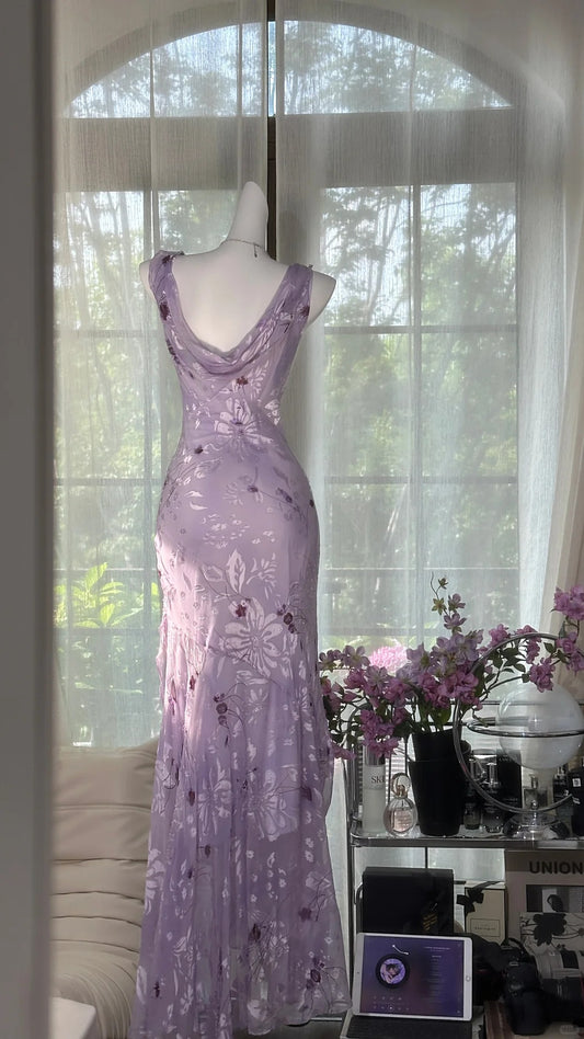 Modest Prom Dresses Mermaid Cowl Neck Lilac Floral Chiffon Sleeveless Evening Outfits N3582