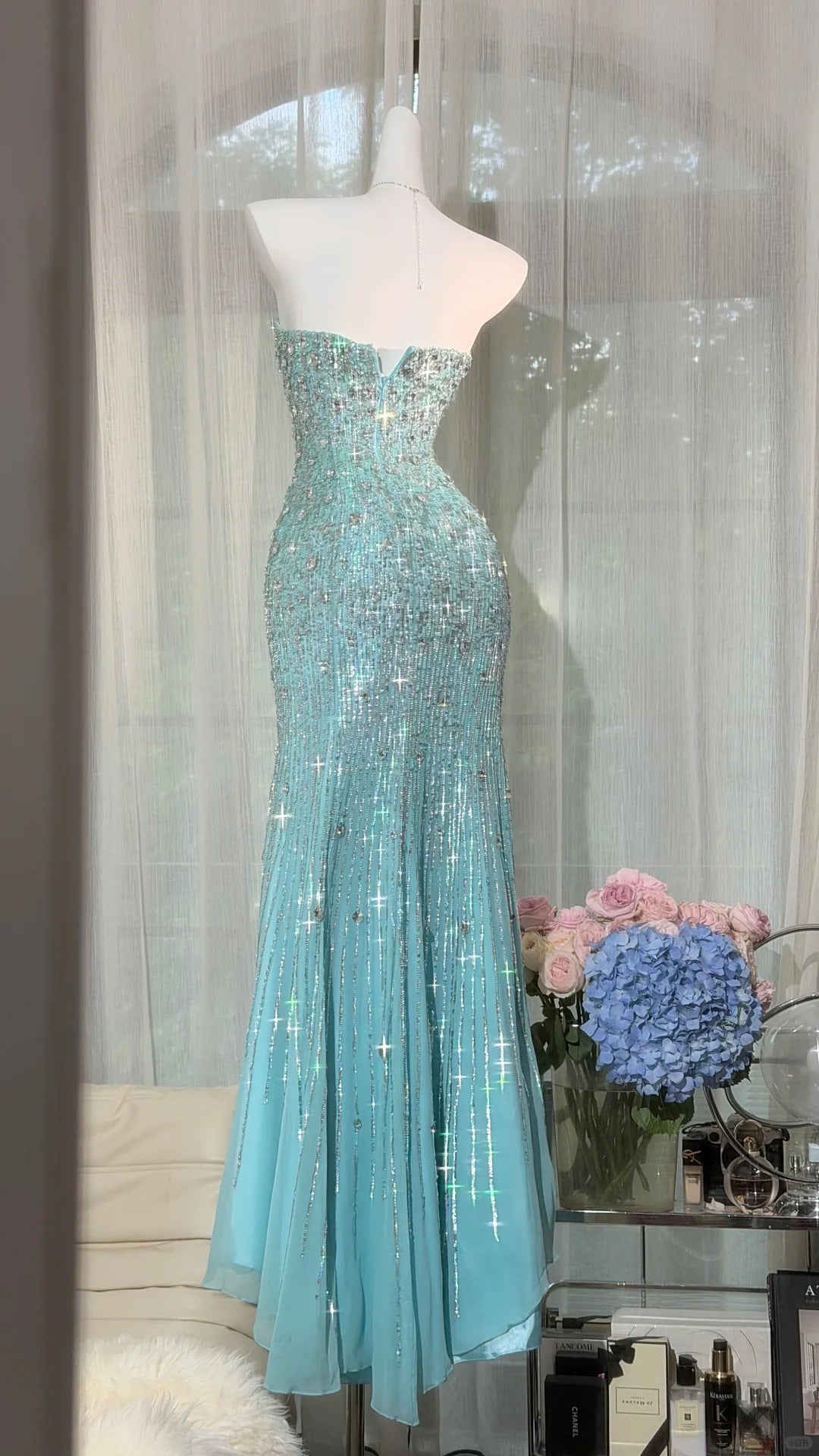 Sparkly Mermaid Sweetheart Blue Sequin With Beads Long Prom Dresses Formal Outfits RB3887