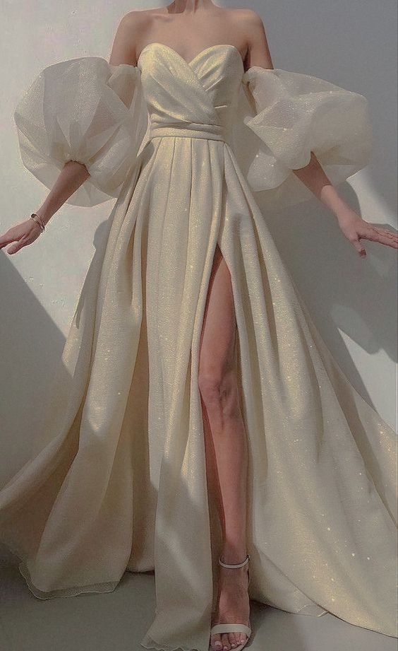 Elfenbeinfarbenes A-Linien-Kleid mit hohem Schlitz und Schleppe, glitzernd, langes Party-, Hochzeits- und Ballkleid AB981