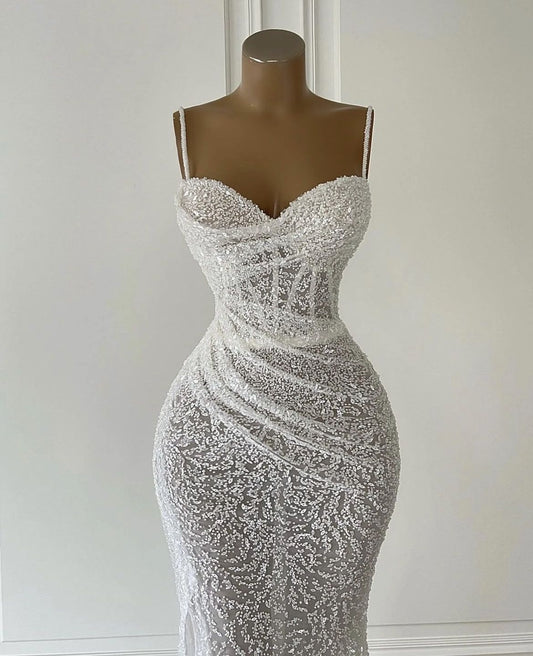 Classic Mermaid Wedding Dresses For Women Sweetheart Neck Spaghetti Strap Bridal Gown Sweep Train AB982