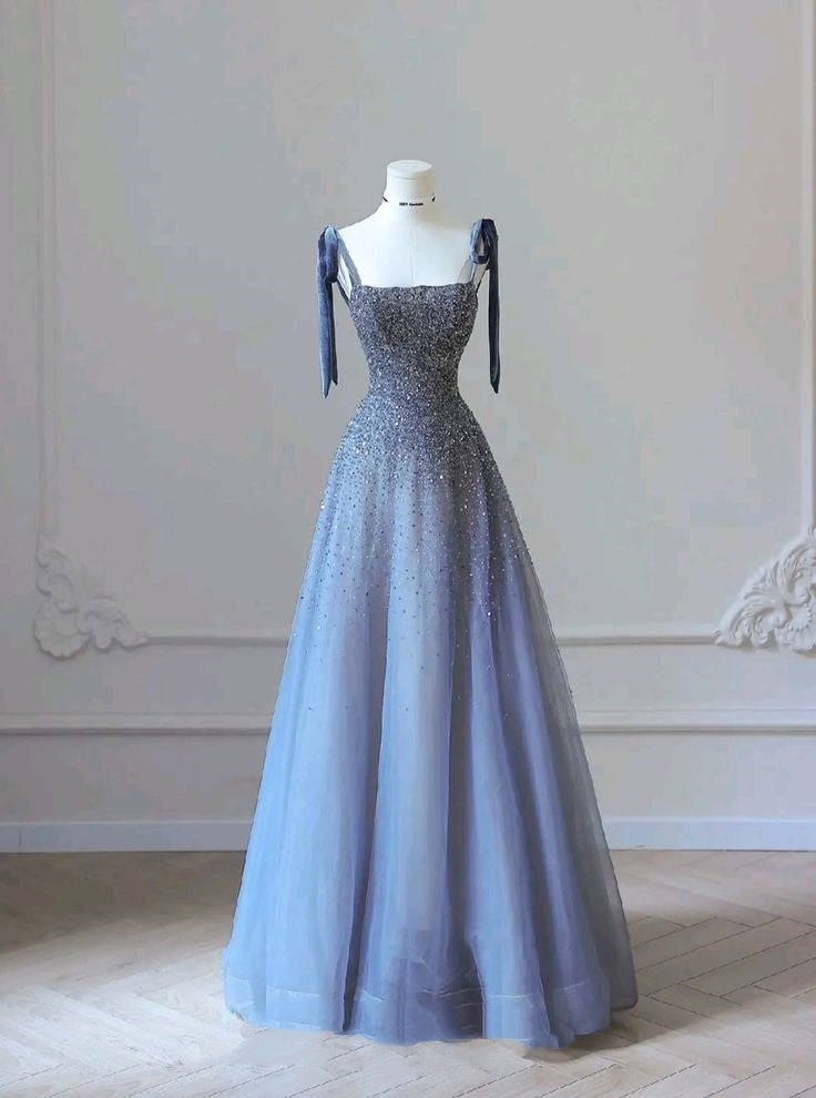 Elegantes, trägerloses, blaues Ballkleid mit Paillettenbesatz in A-Linie, langes Ballkleid, Geburtstagskleid, Abendkleid N234
