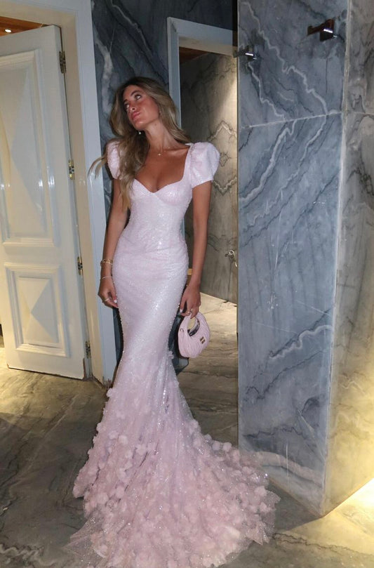 Sparkly Mermaid Sweetheart Pink Sequin With Short Puffy Sleeves Long Prom Dresses Impress 18th Birthday Outfits Party Gown N278