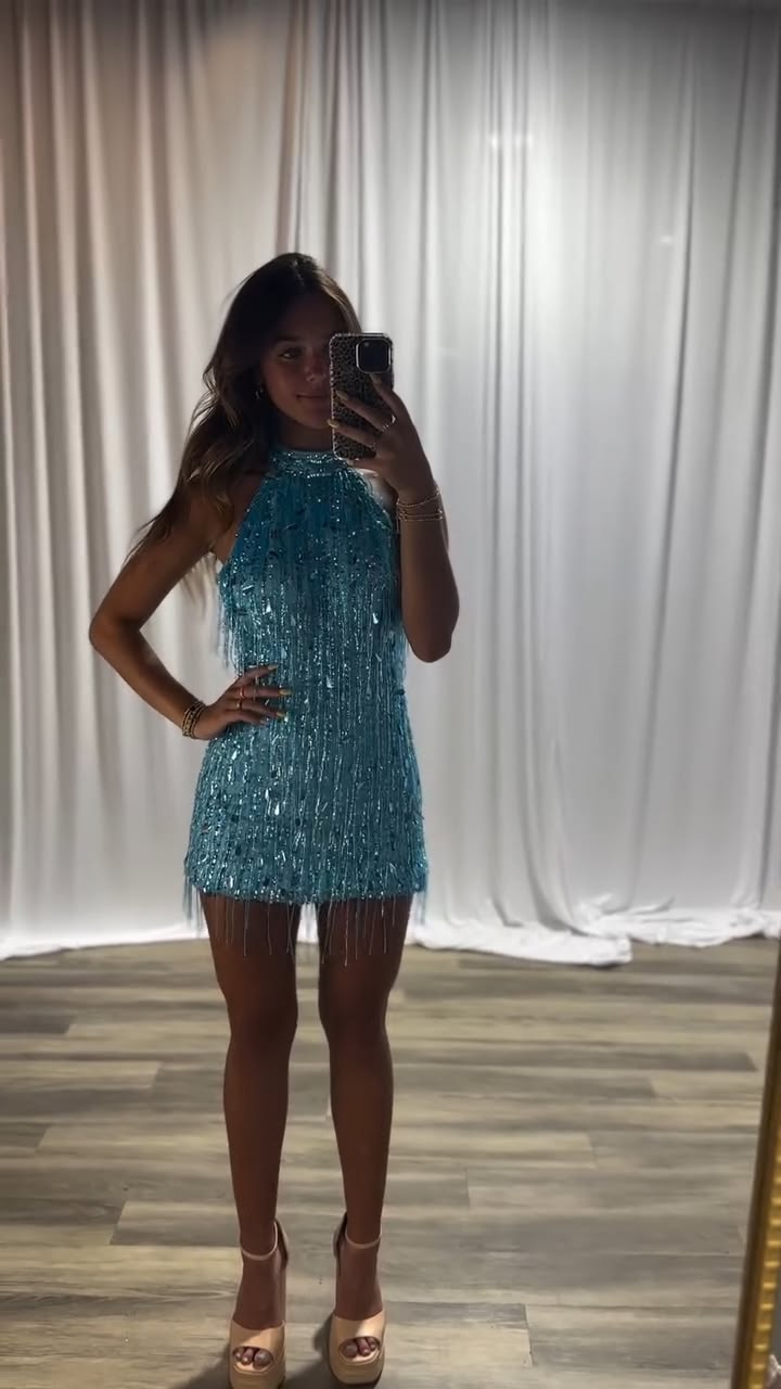 Shimmering Halter Sequin Dress for Prom Night Blue Homecoming Dress RB6304