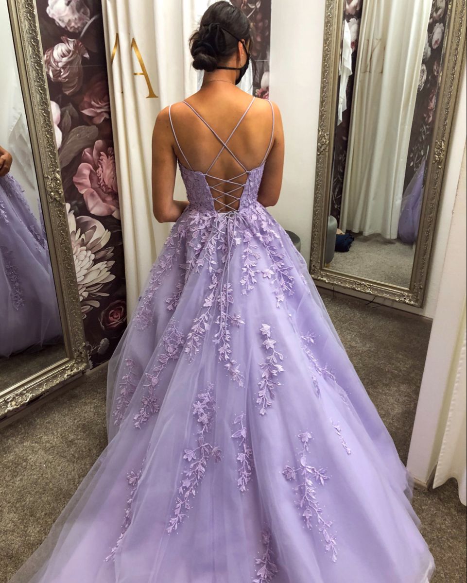 Robe de bal modeste à fines bretelles en dentelle lilas, robe de soirée, tenue d'anniversaire, robe de remise de diplôme AB009