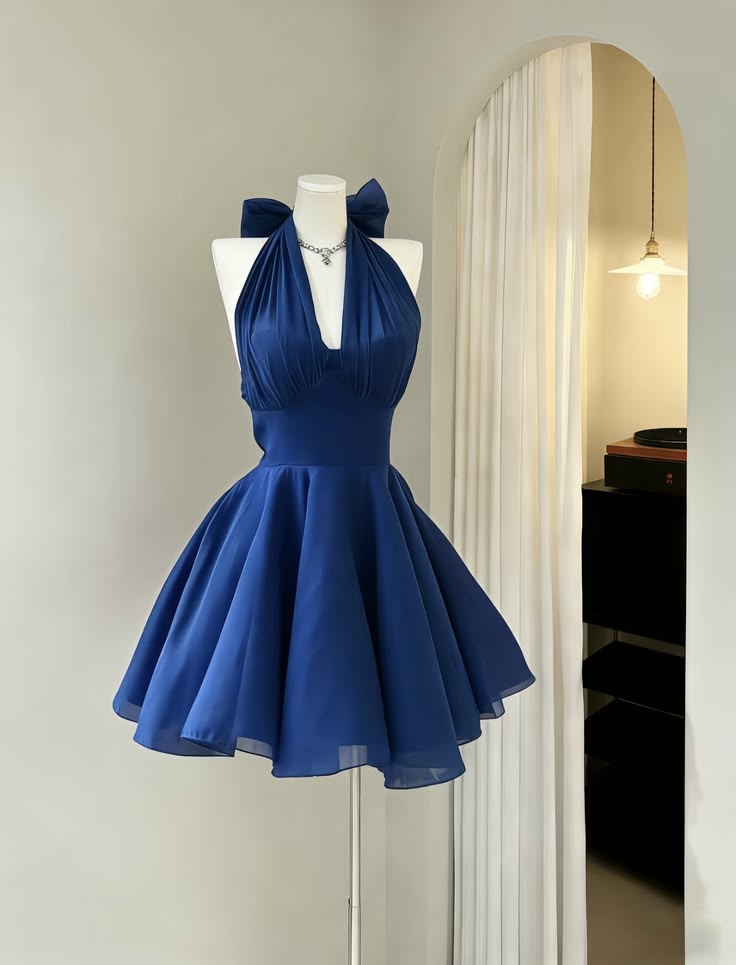 Sweet 16 dress Hoco dress Ball Gown Halter Royal Blue Short Chiffon Homecoming Dresses Inspo Graduation Outfit RB6676