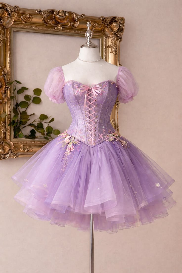 Ästhetisches Ballkleid Sweetheart Flieder Tüll mit Ärmeln 18. Geburtstag Outfit Ideen Inspo Kurzes Hoco Kleid Heimkehrkleider RB3141