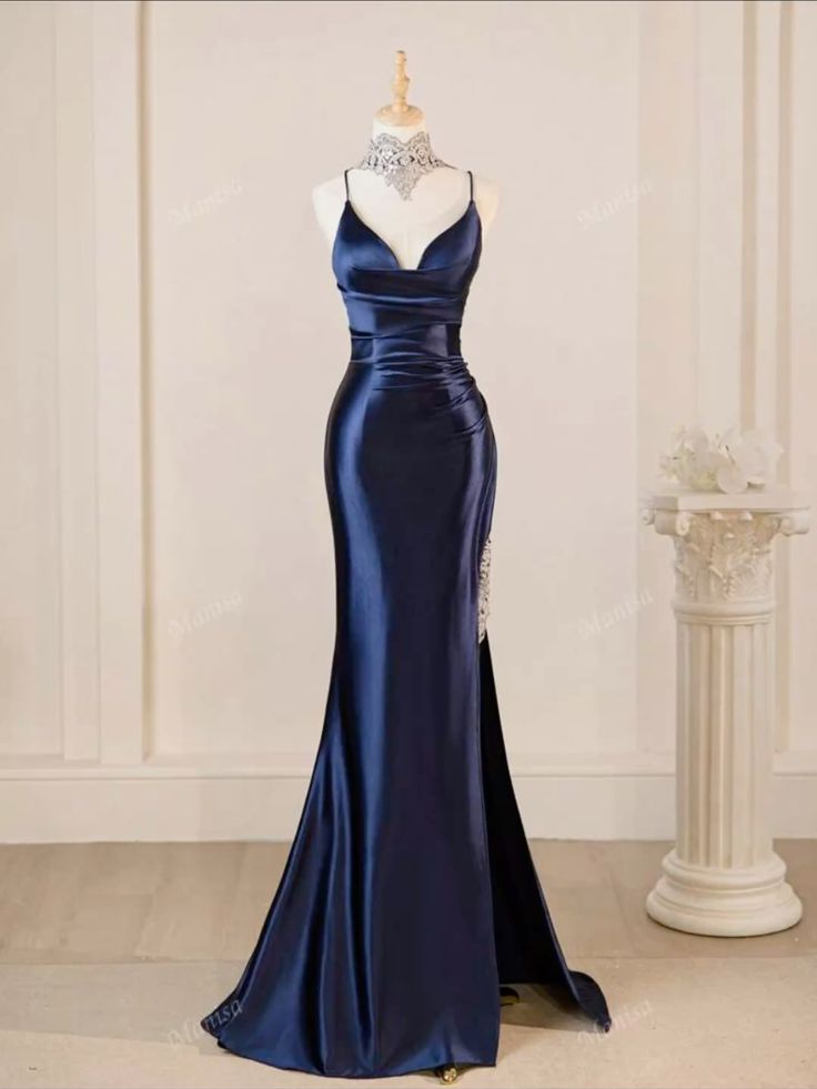 Robe de bal bleu roi pour femme, avec corset, bretelles spaghetti en satin et fente, Vestidos De Dia Evening Gown AB488