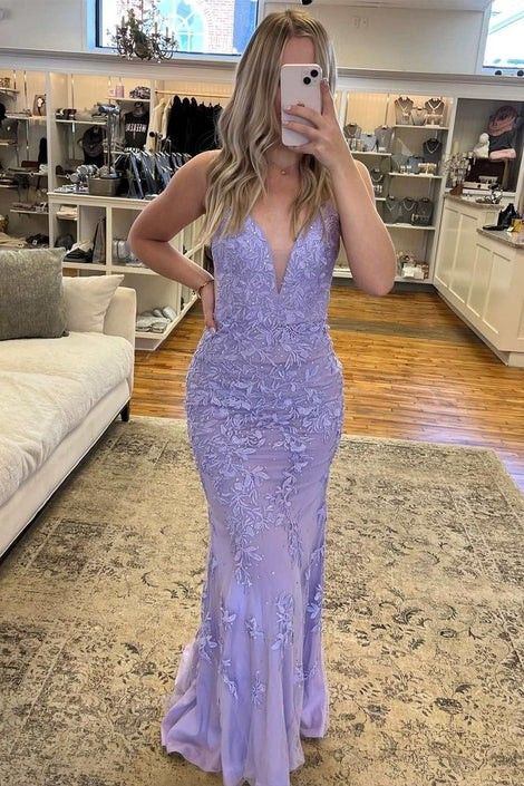 Robe de bal sirène modeste en dentelle lilas à col en V - Inspiration pour adolescentes - Tenue de soirée - Robe de bal AB070