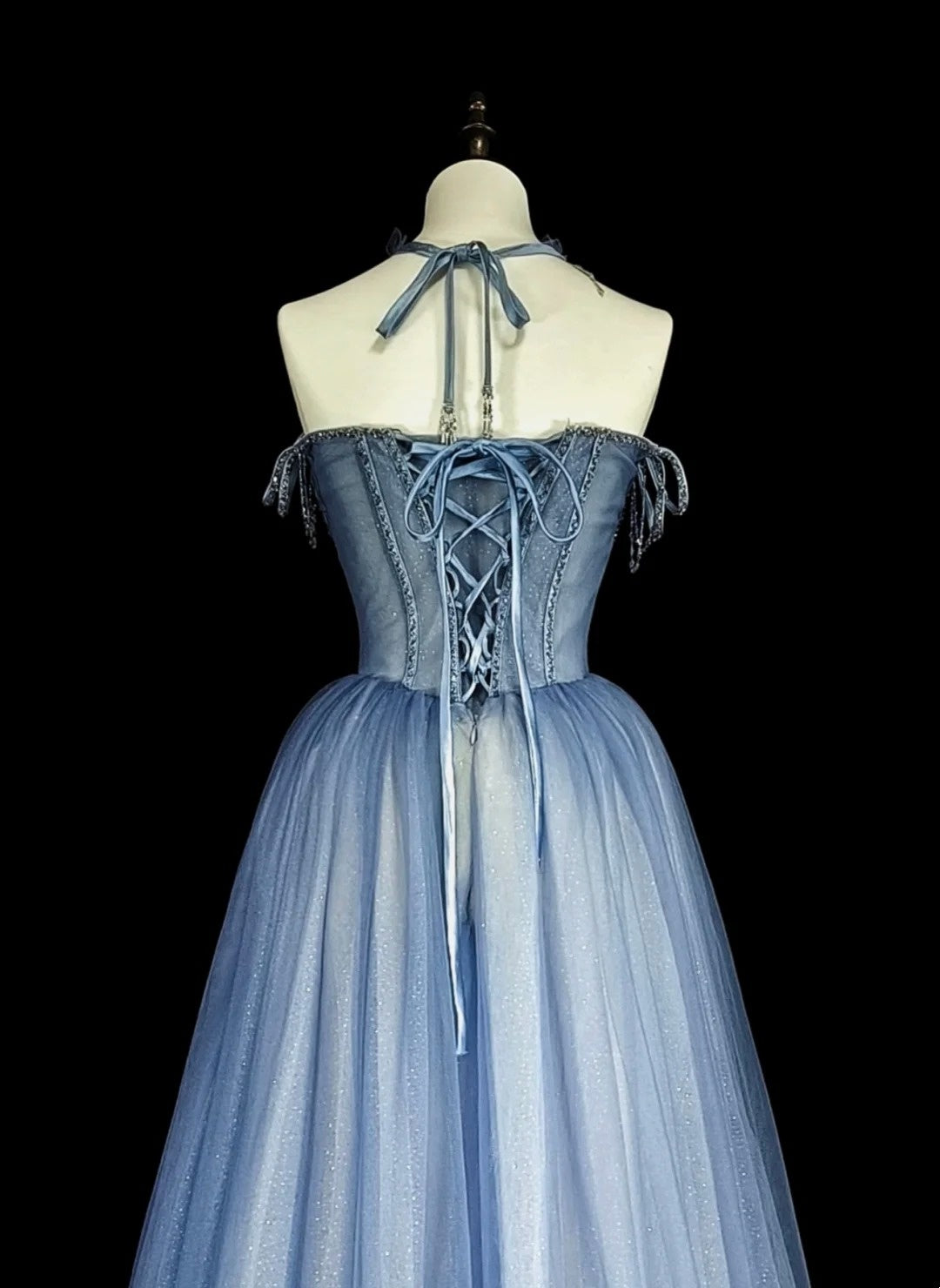 Vintage Abschlussballkleider Ästhetik 1950er Retro A-Linie Spaghettiträger Blau Tüll Langes Partykleid N2369