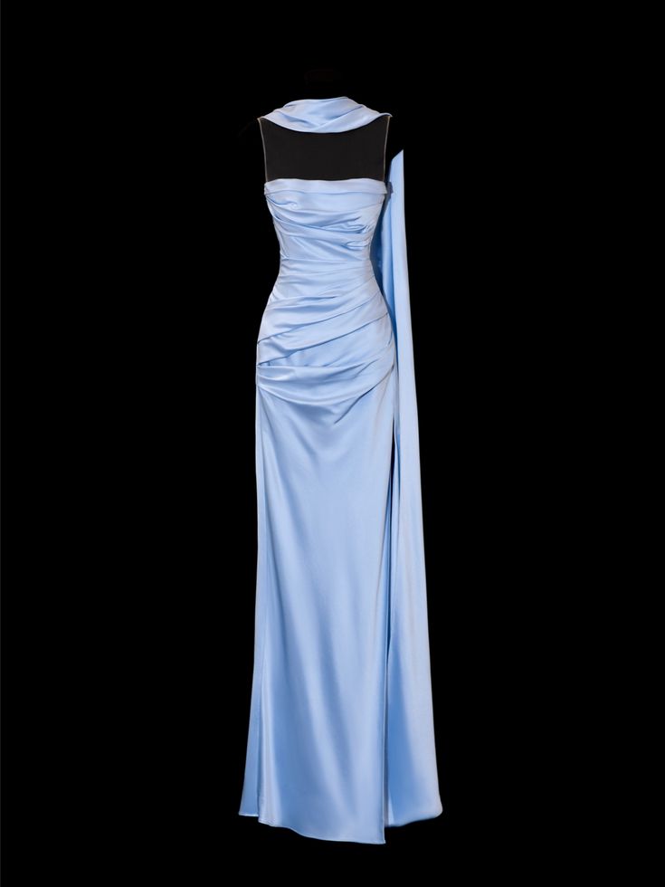 Robe de bal longue bleue satinée à fines bretelles spaghetti et fente, coupe trapèze, avec foulard, idéale pour une soirée formelle ou un cocktail (AB1274)