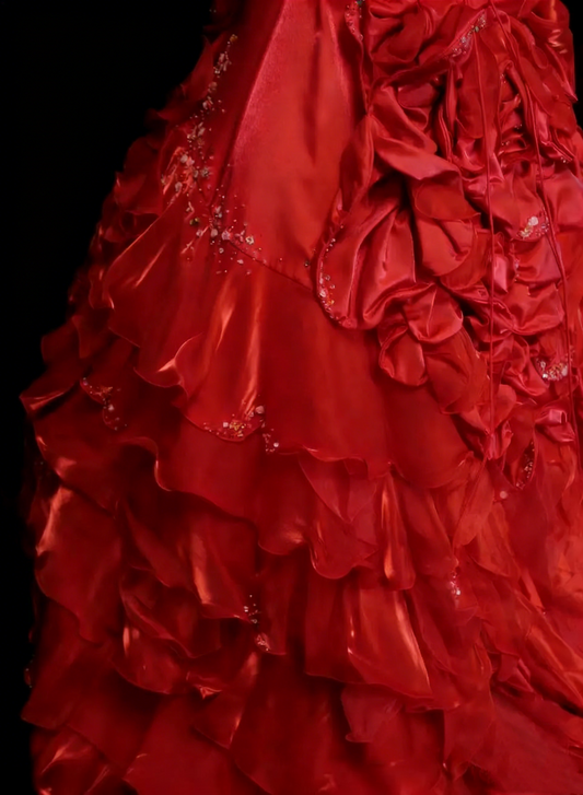 Vintage Ball Gown Strapless Red Satin With Layers Tiered Sweet 16 Dresses Quinceanera Dress Long 15 Vestidos De Fiesta N1446