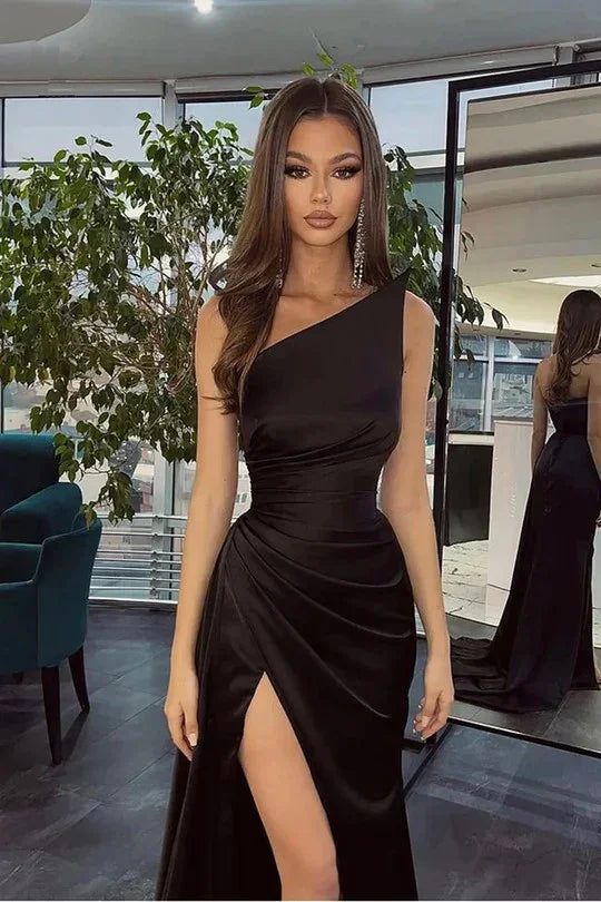 Robe de bal sirène noire longue et simple à une épaule fendue, tenue pour un 18e anniversaire AB2393