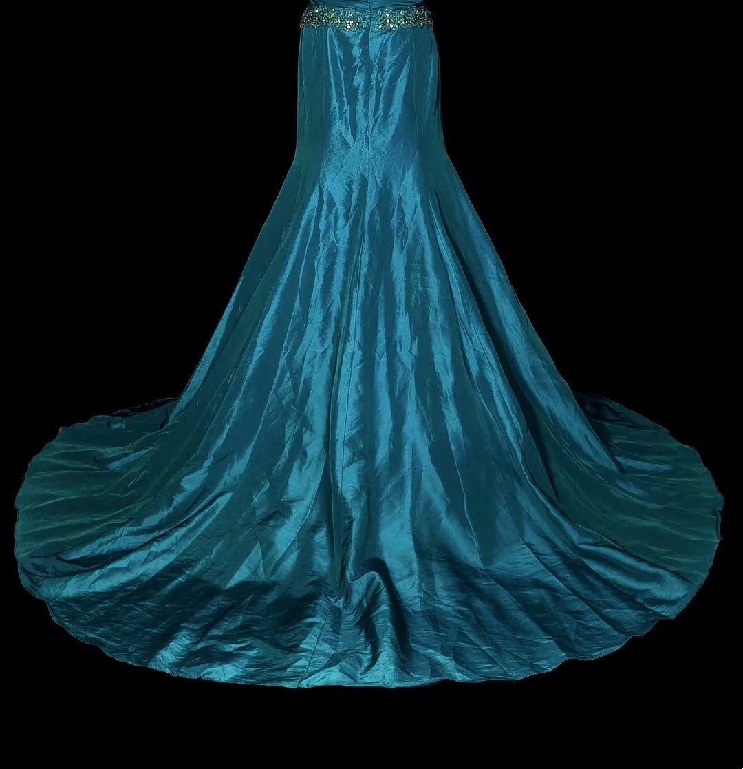 Robe de bal d'été longue bleue vintage à col carré et perles, style sirène, référence N1422