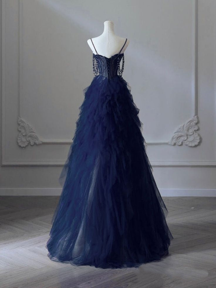 Langes, dunkelblaues A-Linien-Abendkleid mit Herzausschnitt aus Tüll, langes dunkelblaues Abschlusskleid mit Perlen AB691