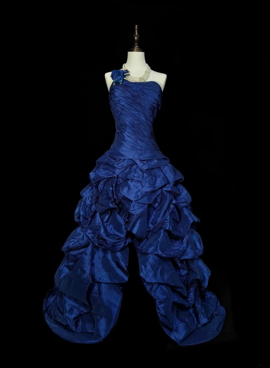 Vintage High-Low-Ballkleid, einseitig schulterfrei, marineblau, ärmellos, 80er-Jahre-Stil, langes formelles Abendkleid N1431