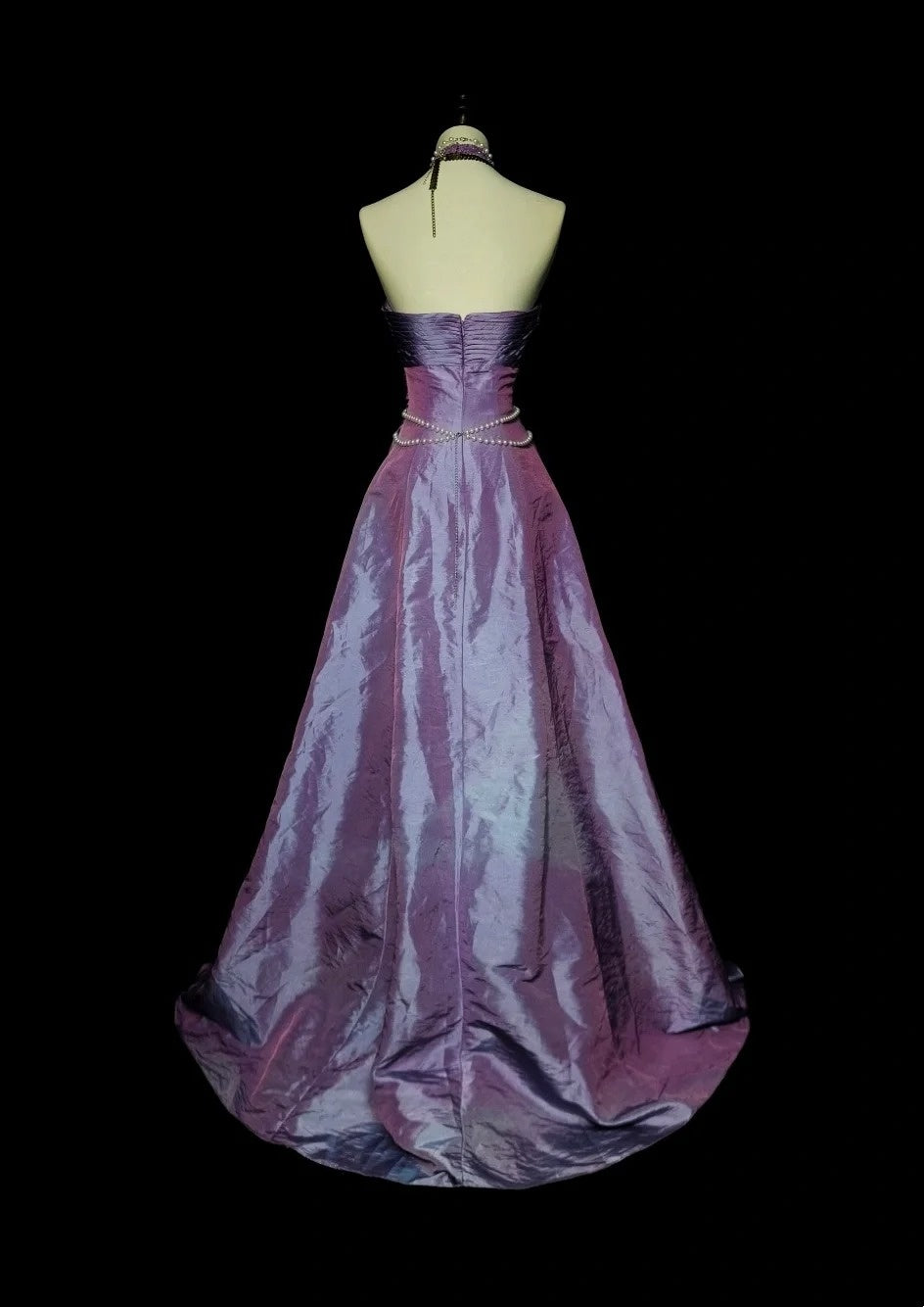 Vintage Ballkleid, trägerlos, lila Taft, 80er Jahre, ärmellos, langes formelles Abendkleid N1428