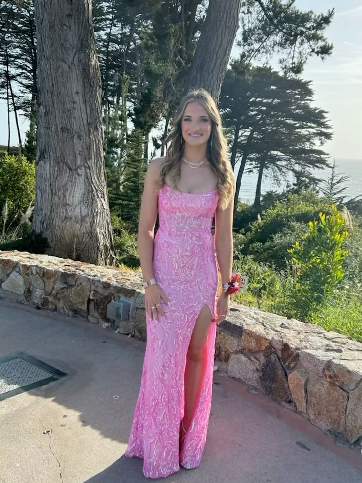 Robe de bal sirène rose à fines bretelles et sequins fendue, inspiration pour adolescentes, tenue de soirée, robe de bal AB071