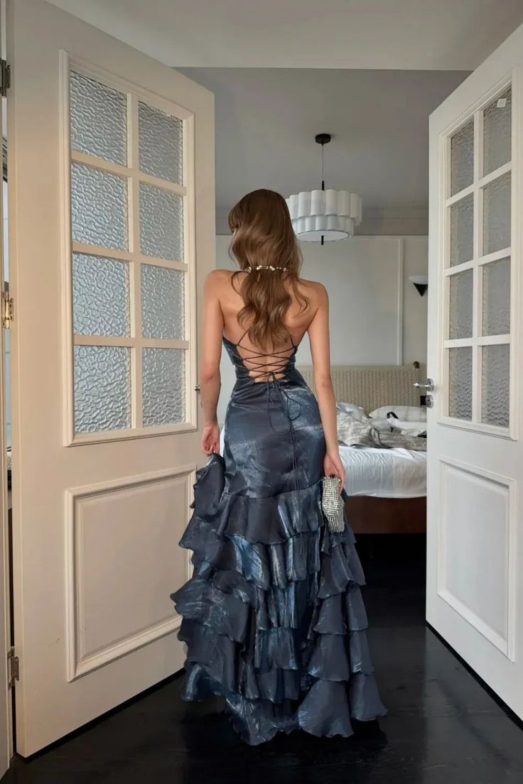Meerjungfrauen-Etui-Abendkleid mit V-Ausschnitt, feinem Glitzer, marineblau, langes Abendkleid N593