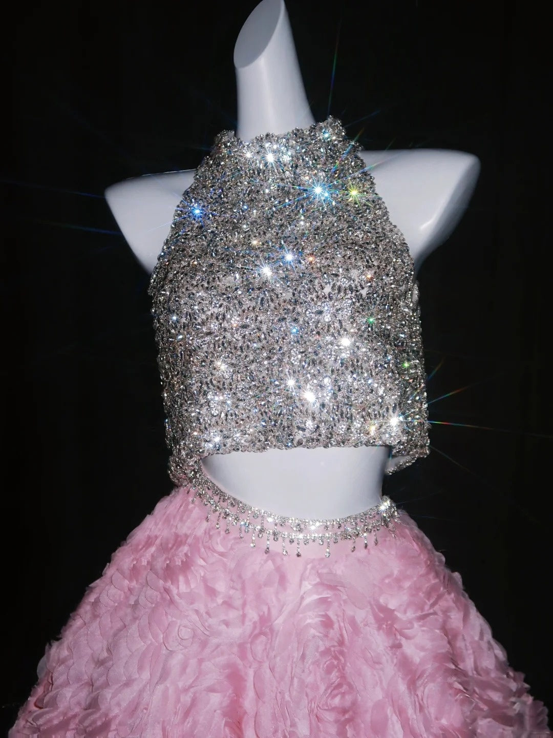 Robe de bal princesse 2 pièces, col montant, sequins argentés, fleurs roses, longue, robe de soirée formelle, robe de bal de fin d'année 18 ans N739