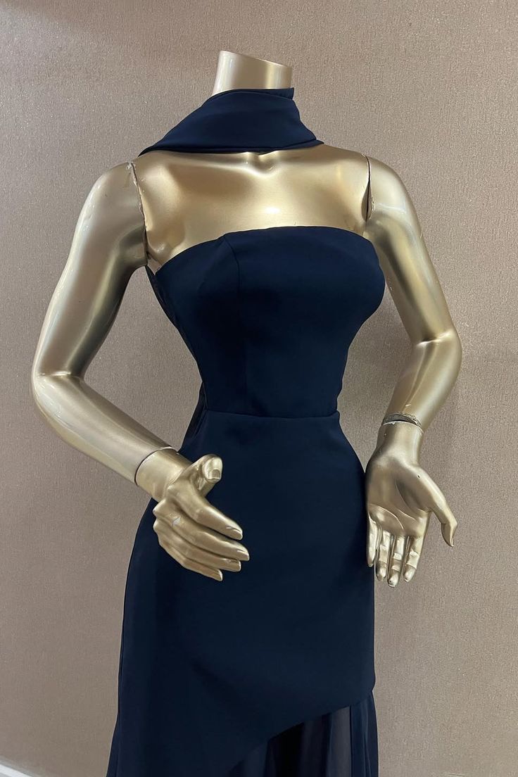 Robe de soirée sirène bustier bleu marine élégante avec écharpe, idéale pour l'hiver, les bals de promo et les dîners. Robe de cocktail longue pour femme (AB2024).