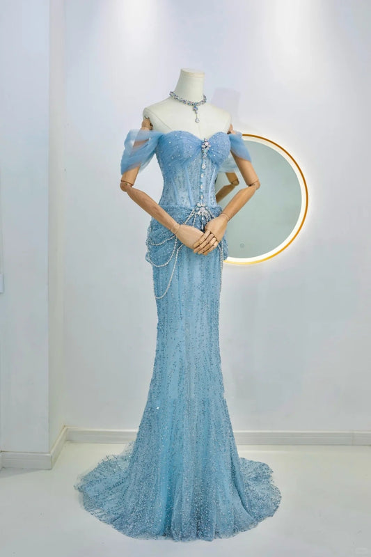 Sparkly Mermaid Off The Shoulder Blue Sequined Long Prom Dresses Party Dress Birthday Outfits Graduation Gown N2842