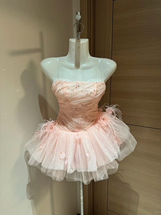 Cute Ball Gown Strapless Blush Pink Tulle Night In Rio Inspo Hoco Dress Ideas Homecoming Dresses RB4034