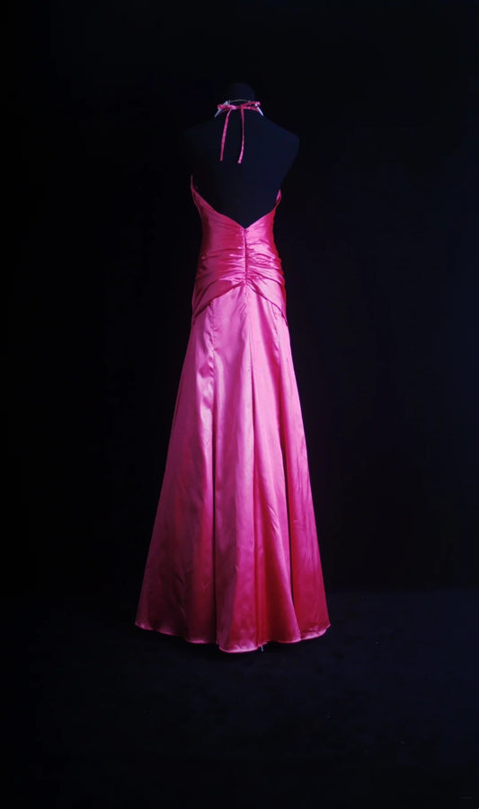 Retro A line Halter Hot Pink Satin 2000s Long Prom Dresses Inspo 19th Birthday Outfits Formal Dress N502